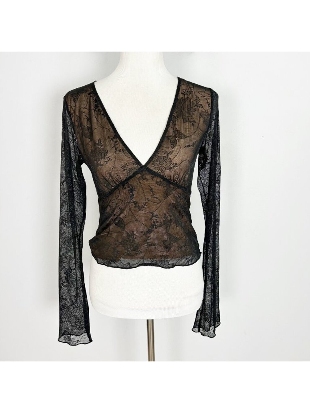 I AM GIA Black Whimsigoth Top Black Floral Lace Overlay Flare Sleeve Size Large